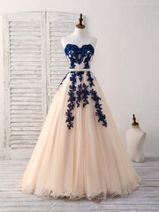 Bridesmaids Dresses Orange, Elegant Sweetheart Tulle Lace Applique Blue Long Prom Dresses