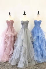 Shirt Dress, Elegant sweetheart tulle lace long prom dress tulle formal dress