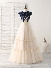 Quince Dress, Elegant Tulle Lace Applique Long Prom Dress Tulle Evening Dress
