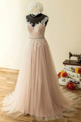Formal Dress Ballgown, Elegant Tulle Lace Long Prom Dress, A-Line Scoop Neckline Evening Dress
