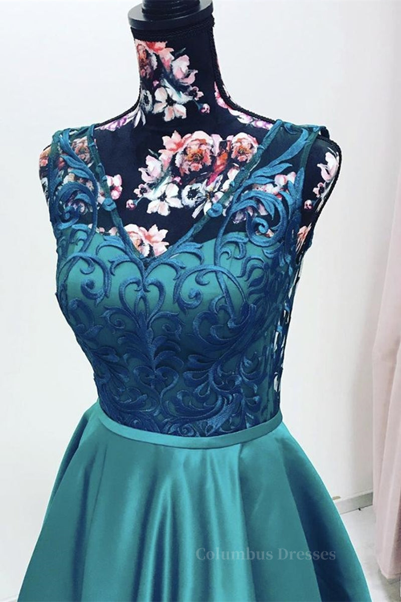 Formal Dresses With Sleeves For Weddings, Elegant V Neck Green Lace Long Prom Dress, Green Lace Formal Graduation Evening Dress
