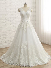 Wedding Dresses Girl, Elegant V-Neck Lace Ball Gown Wedding Dresses