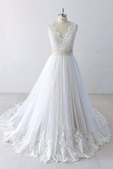 Wedding Dress Sale, Elegant V-neck Lace Tulle A-line Wedding Dress