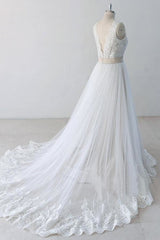 Wedding Dress Under 506, Elegant V-neck Lace Tulle A-line Wedding Dress