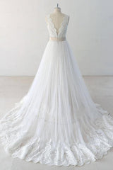 Wedding Dress Different, Elegant V-neck Lace Tulle A-line Wedding Dress