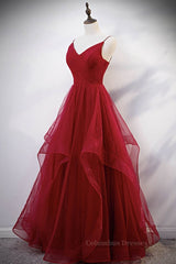 Red Formal Dress, Elegant V Neck Open Back Sequins Burgundy Long Prom Dress, Shiny Burgundy Formal Dress, Fluffy Burgundy Evening Dress