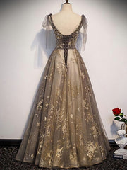 Prom Dresses Stores, Elegant V-neck Organza Grey Lace A-line Spaghetti Straps Lace-up Back Long Prom Dress