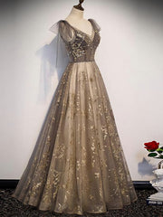 Prom Dress Store, Elegant V-neck Organza Grey Lace A-line Spaghetti Straps Lace-up Back Long Prom Dress