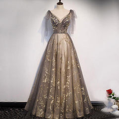 Prom Dress Stores, Elegant V-neck Organza Grey Lace A-line Spaghetti Straps Lace-up Back Long Prom Dress