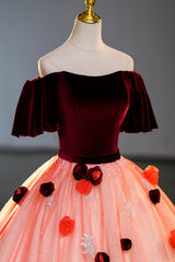 Prom Dress For Sale, Elegant Velvet Tulle Long Formal Dress, Burgundy Off the Shoulder Sweet Flower Party Dress