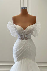 Wedding Dress Bride, Elegant White Long Mermaid Off the Shoulder Tulle Lace Wedding Dresses