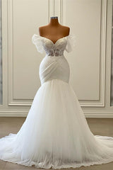 Wedding Dresses Brides, Elegant White Long Mermaid Off the Shoulder Tulle Lace Wedding Dresses
