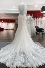 Wedding Dress Lace Sleeve, Elegant White Long Mermaid Tulle Lace Open Back Wedding Dresses