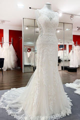 Weddings Dresses Lace Sleeves, Elegant White Long Mermaid Tulle Lace Open Back Wedding Dresses