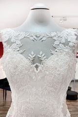 Wedding Dresses Lace Sleeve, Elegant White Long Mermaid Tulle Lace Open Back Wedding Dresses