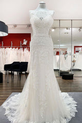 Wedding Dresses Lace Sleeves, Elegant White Long Mermaid Tulle Lace Open Back Wedding Dresses