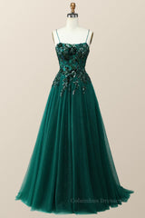 Party Dress White, Emerald Green Beaded Tulle Long Formal Dress