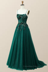 Party Dresses Pink, Emerald Green Beaded Tulle Long Formal Dress