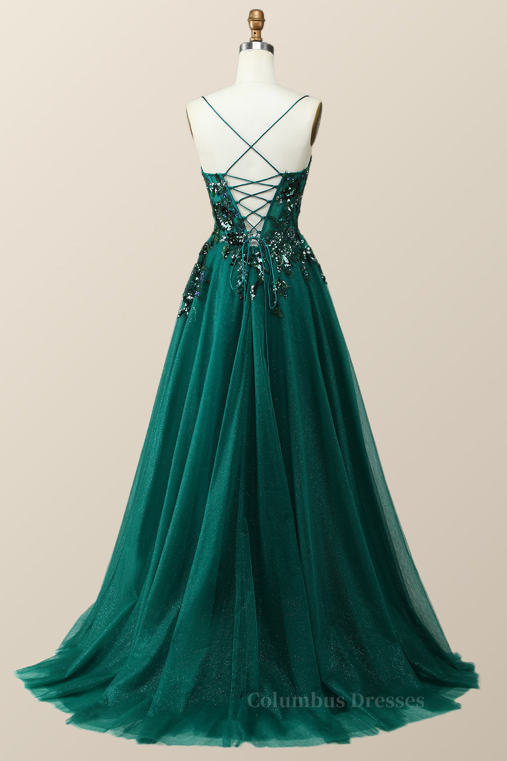 Party Dress Satin, Emerald Green Beaded Tulle Long Formal Dress