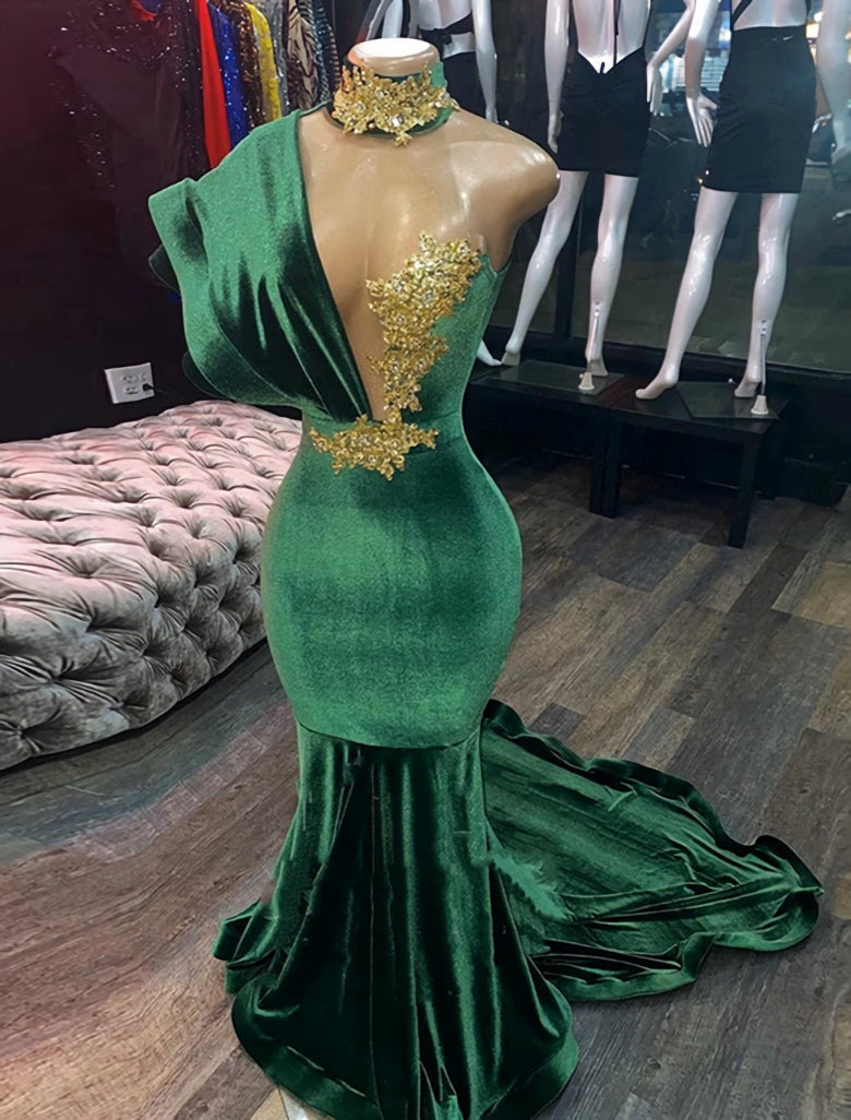 Bridesmaid, Emerald Green Evening Dresses High Neck Appliques Gold Lace Mermaid Prom Dresses Sexy Formal Velvet Party Gowns