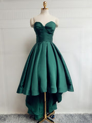 Homecoming Dress With Sleeves, Emerald Green High Low Satin Prom Dresses, Emerald Green High Low Formal Graduation Dresses