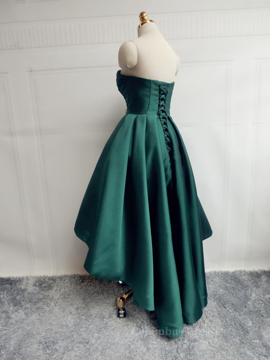 Homecomming Dresses With Sleeves, Emerald Green High Low Satin Prom Dresses, Emerald Green High Low Formal Graduation Dresses