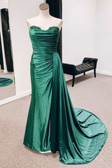 Bridesmaids Dresses White, Emerald Green Satin Strapless Long Formal Dresses with Train