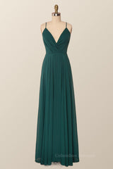 Winter Formal Dress, Emerald Green Straps Pleated Long Party Dress