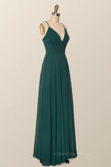 Wedding Theme, Emerald Green Straps Pleated Long Party Dress