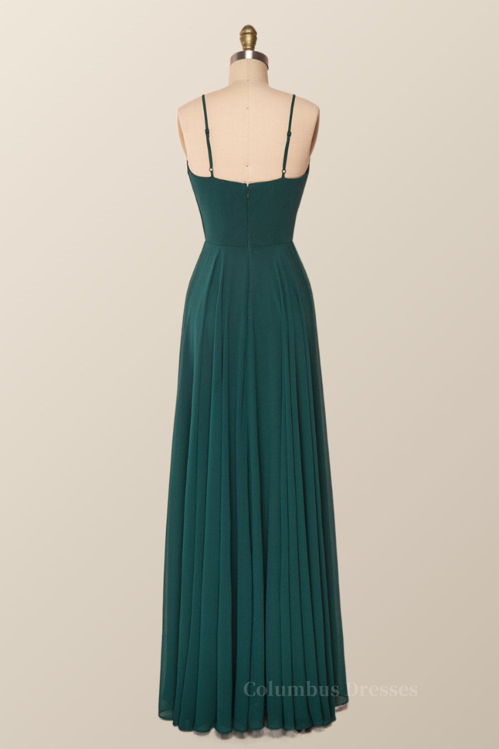 Wedding Flower, Emerald Green Straps Pleated Long Party Dress