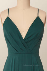 Fall Wedding, Emerald Green Straps Pleated Long Party Dress