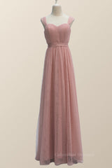 Wedding Flower, Empire Blush Pink Tulle A-line Long Bridesmaid Dress
