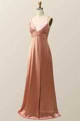Bridesmaid Dress Convertible, Empire Blush Silk A-line Long Bridesmaid Dress with Slit