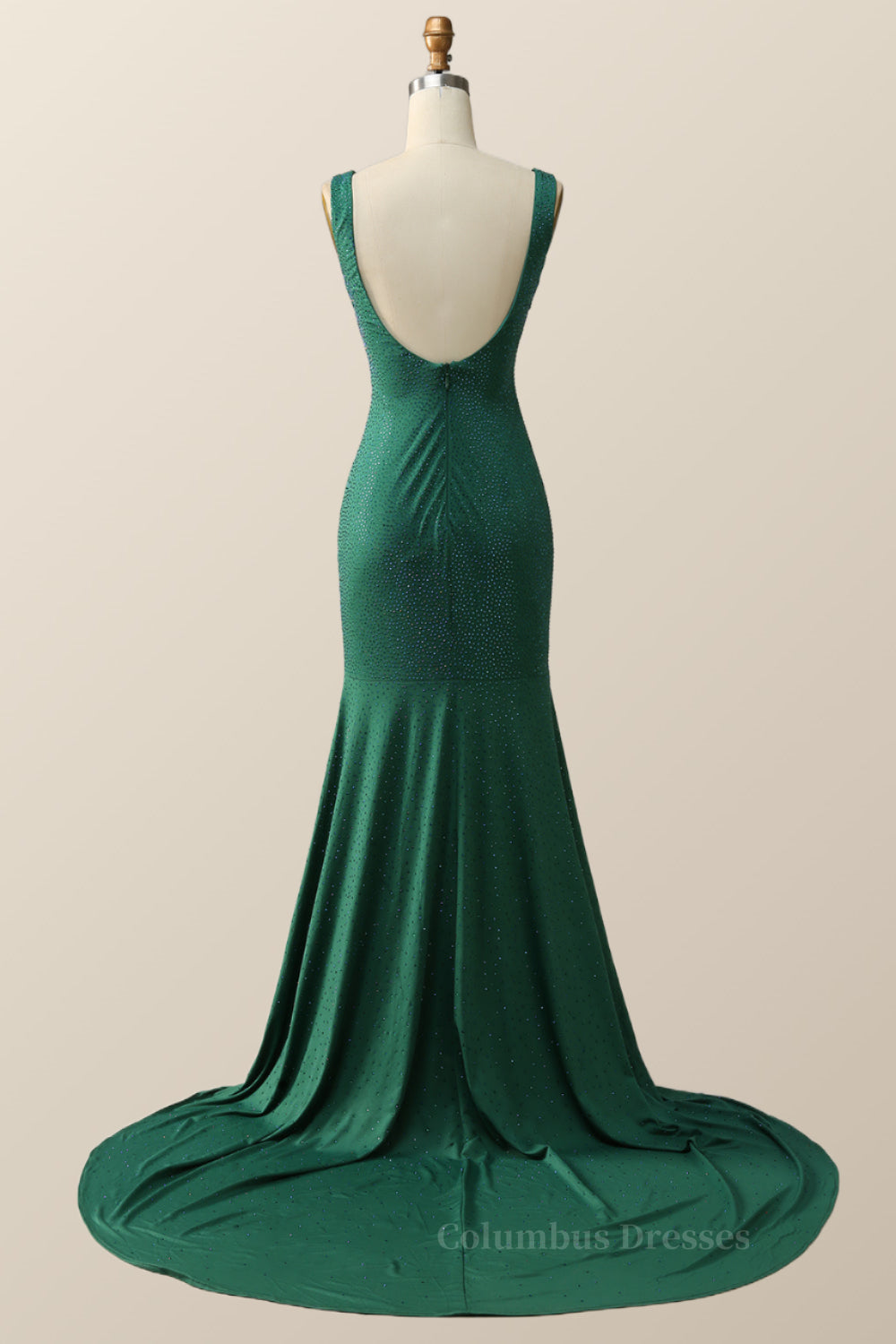 Flowy Dress, Empire Green Beaded Mermaid Long Formal Dress