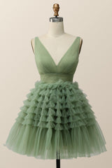 Prom Dress Long With Sleeves, Empire Green Tulle A-line Party Dress