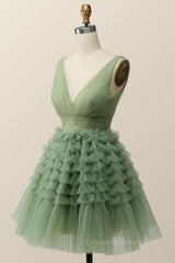 Prom Dresses Long With Sleeves, Empire Green Tulle A-line Party Dress