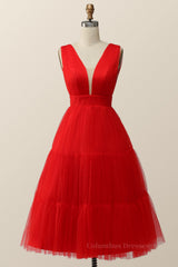 Evening Dresses Stores, Empire Red Tulle A-line Midi Dress