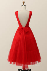Evening Dress Shops Near Me, Empire Red Tulle A-line Midi Dress