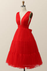 Evening Dresses Wedding, Empire Red Tulle A-line Midi Dress