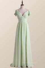 Bridesmaids Dress Designers, Empire Sage Green Chiffon Pleated V Neck Bridesmaid Dress
