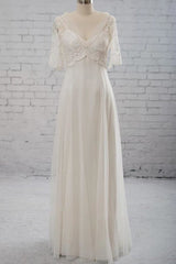 Wedding Dress Long Sleeved, Empire Waist V-neck Tulle A-line Wedding Dress