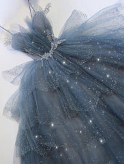 Prom Dresses Gown, Gorgeous Blue Sparkly Tulle Beaded Prom Dress, Tiered Formal Gown with Rhinestone