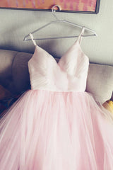 Girl Dress, Light Pink Spaghetti Straps Tulle Long Prom Formal Dress, Puffy Party Dress