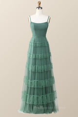 Evening Dress For Sale, Eucalyptus Tulle Ruffle Long Dress with Straps