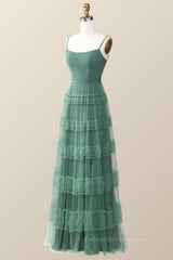 Evening Dresses For Sale, Eucalyptus Tulle Ruffle Long Dress with Straps