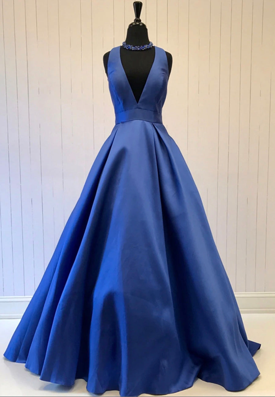 Formal Dress Summer, Blue V-Neck Saitn Long Prom Dresses, A-Line Evening Dresses