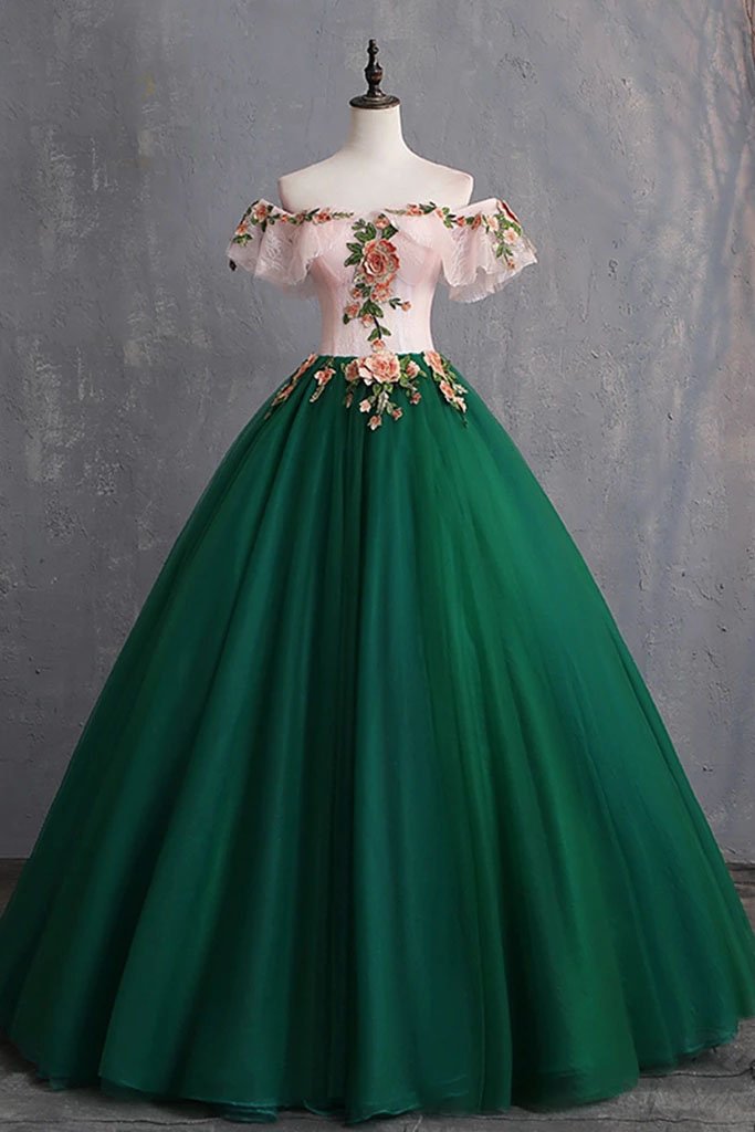 Formal Dress Party Wear, Green Off the Shoulder Floor Length Prom Dress with Appliques, Puffy Quinceanera Dress