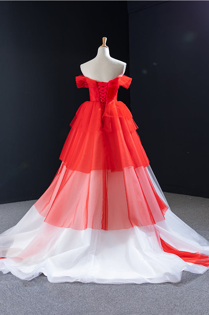 Dance Dress, Red and White off the Shoulder Tired Prom Dress, Puffy Formal Party Dresses