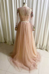 Formal Dresses For Middle School, A Line Tulle Long Prom Dress with Flowers, Pink Long Sleeves Party Dress with Beading