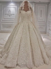 Wedding Dresses For Maids, Expensive Lace Appliques Long Sleevess Ball Gown Wedding Dress